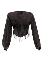 Washed fringe detailed bubble sleeve top