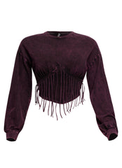 Washed fringe detailed bubble sleeve top