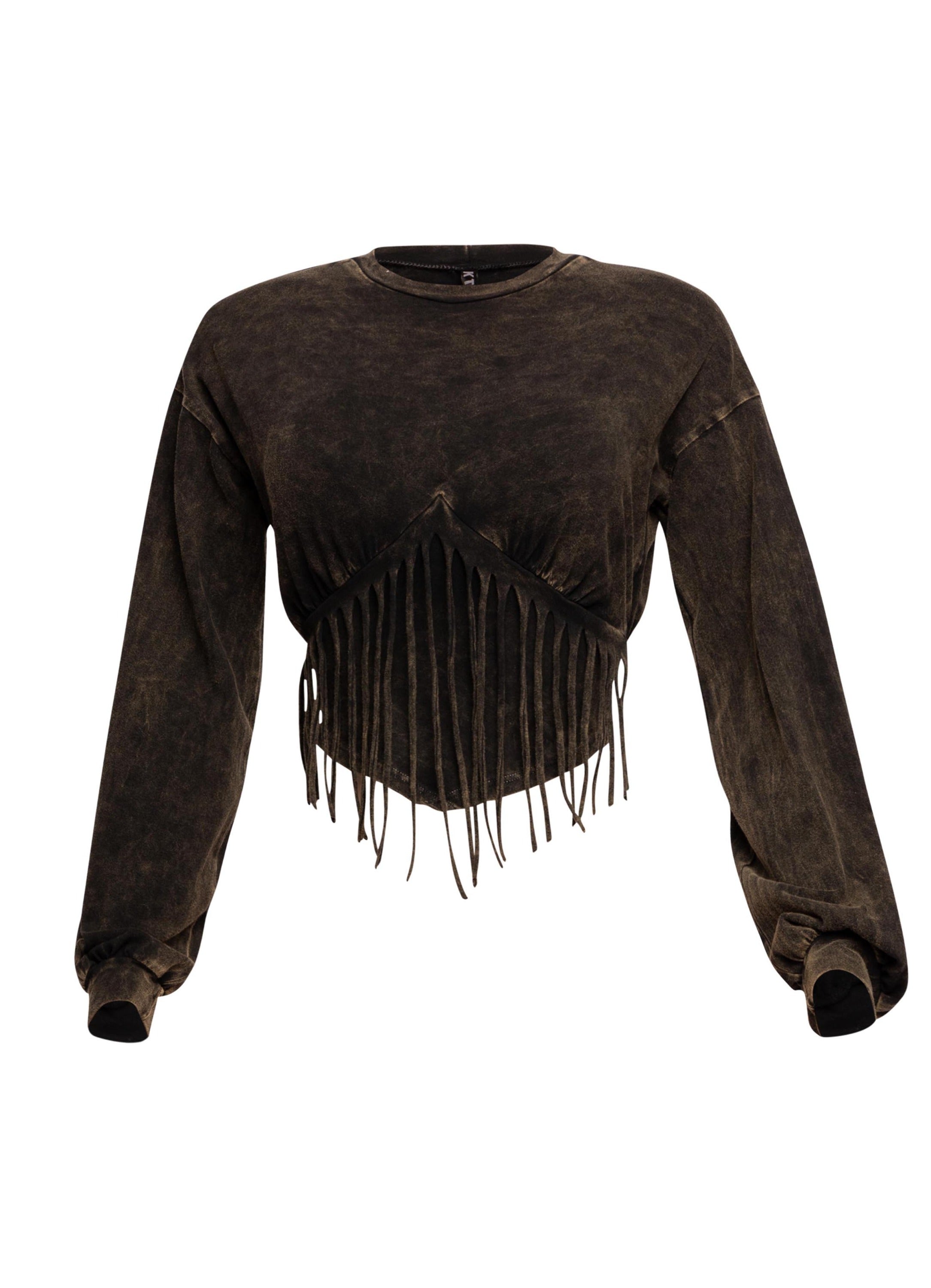 Washed fringe detailed bubble sleeve top