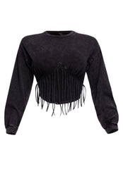 Washed fringe detailed bubble sleeve top