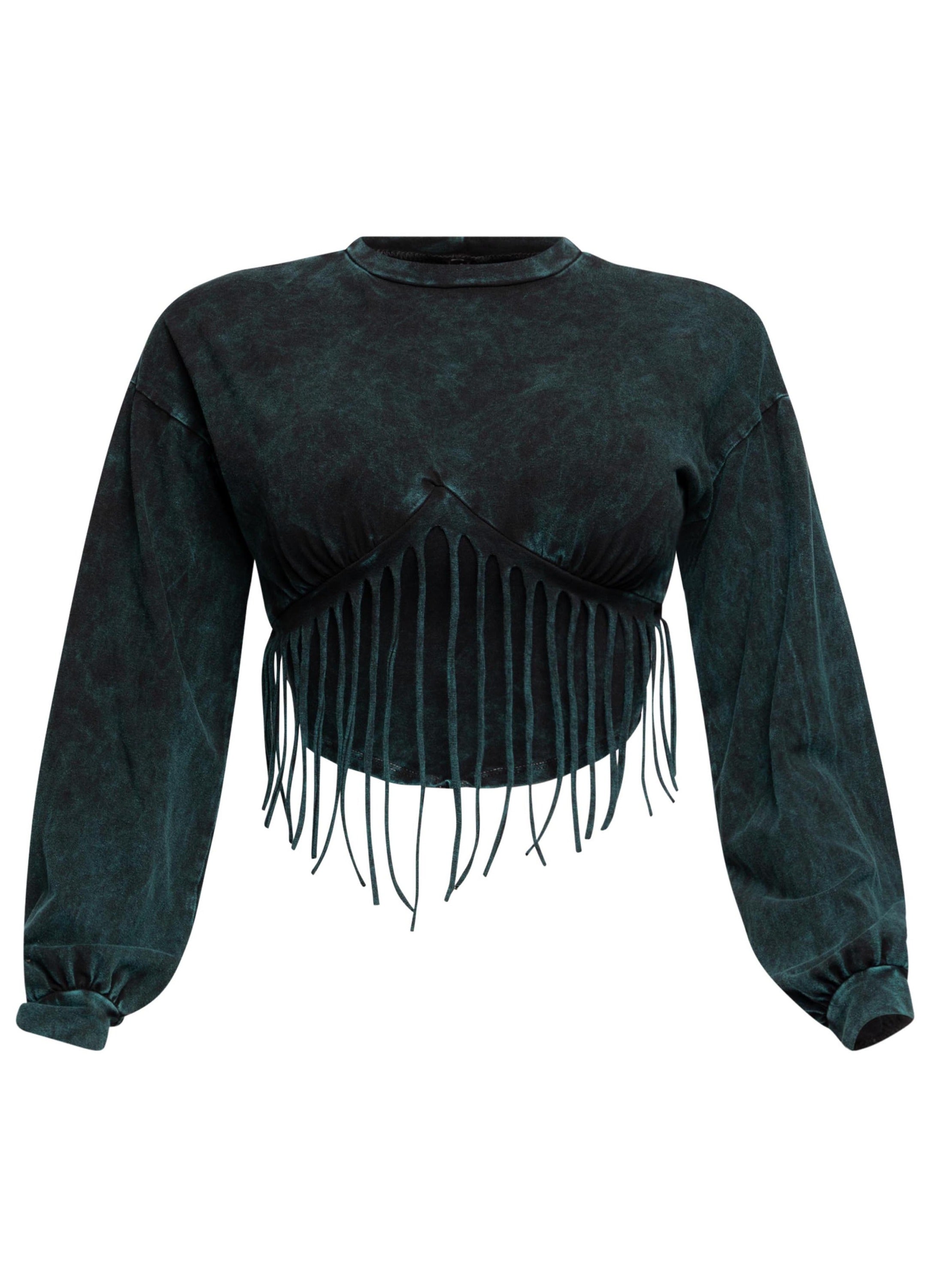 Washed fringe detailed bubble sleeve top