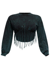 Washed fringe detailed bubble sleeve top