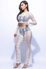 Geo lace sheer flared pant set