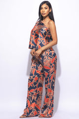 Satin one shoulder flowy set with wide leg pants