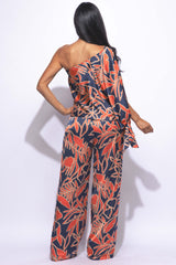 Satin one shoulder flowy set with wide leg pants