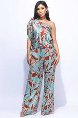 Satin one shoulder flowy set with wide leg pants