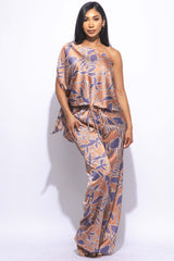 Satin one shoulder flowy set with wide leg pants