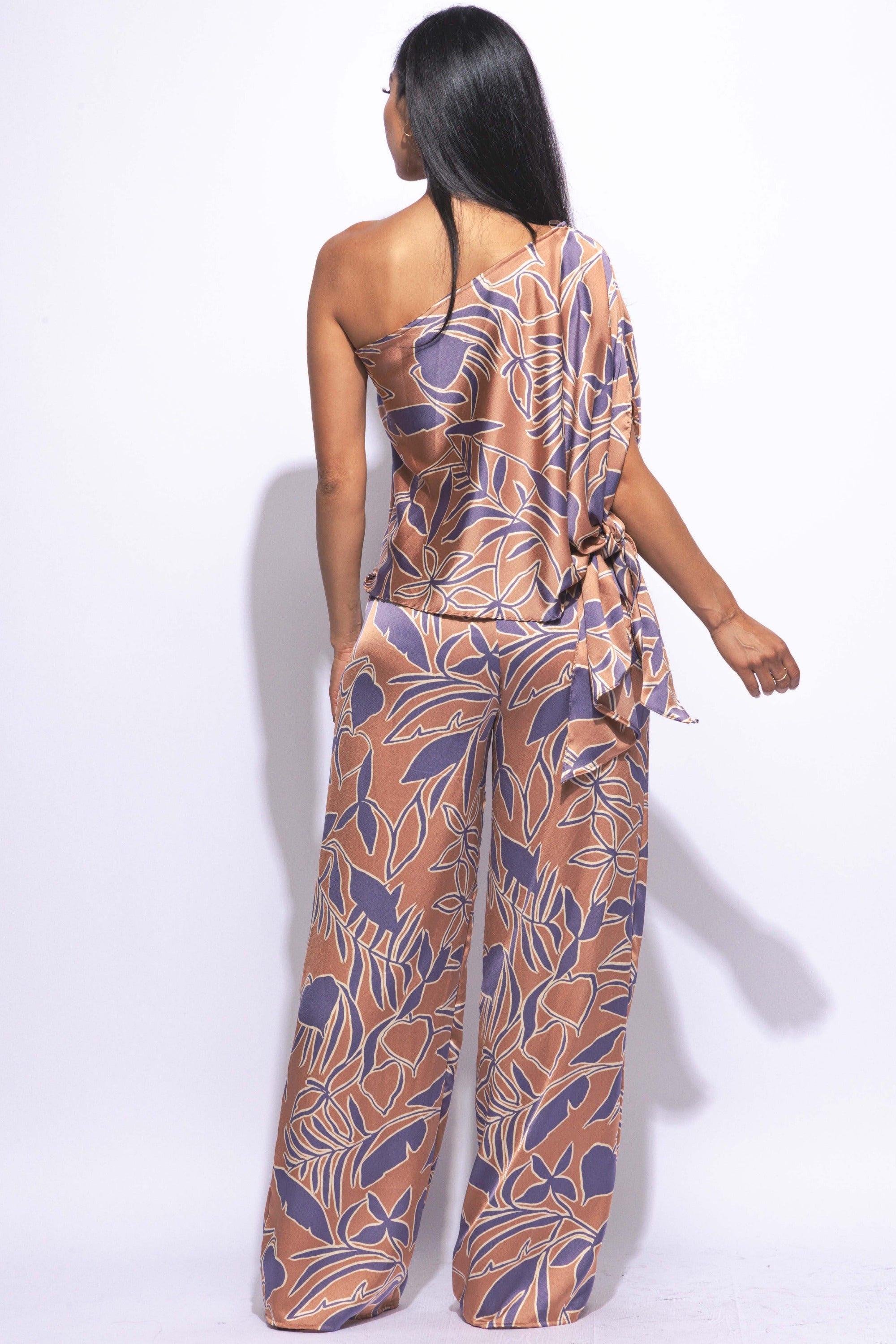 Satin one shoulder flowy set with wide leg pants