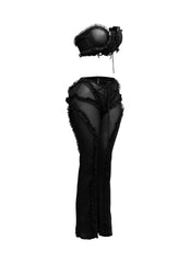 Ruffle detailed sheer mesh pants set