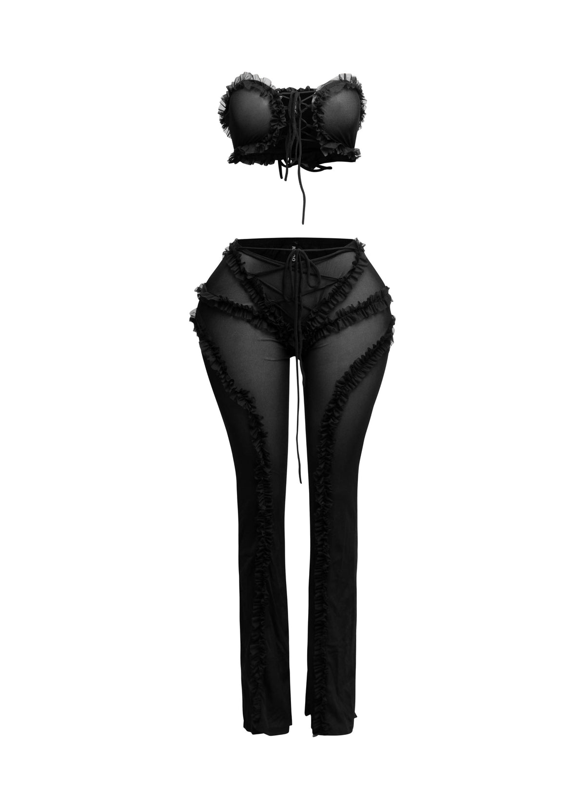 Ruffle detailed sheer mesh pants set