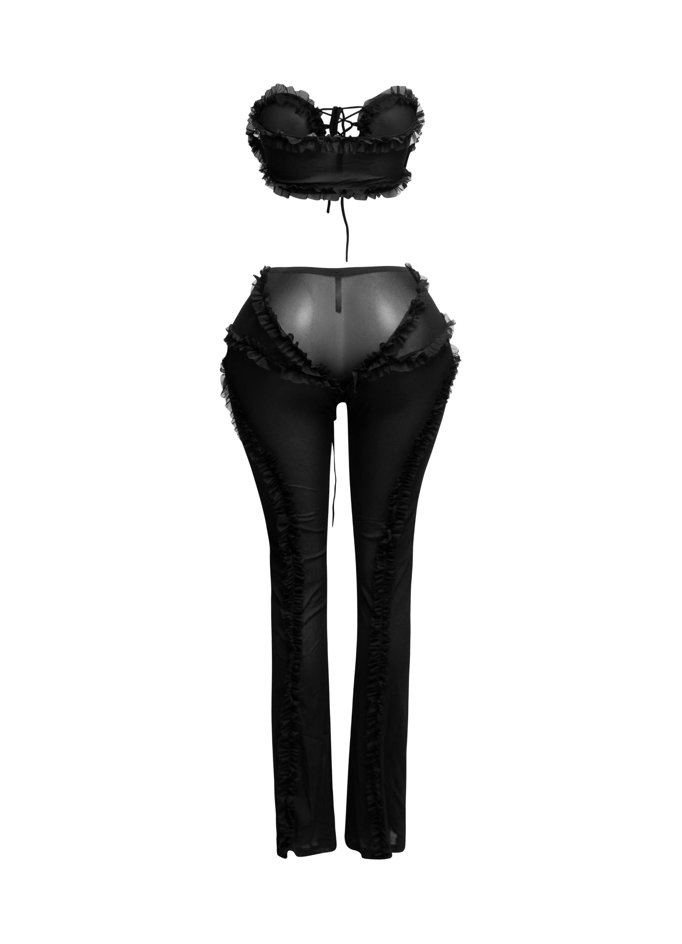 Ruffle detailed sheer mesh pants set