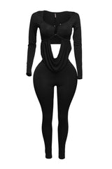 Curved U shape detailed draped front long sleeve top & leggings set