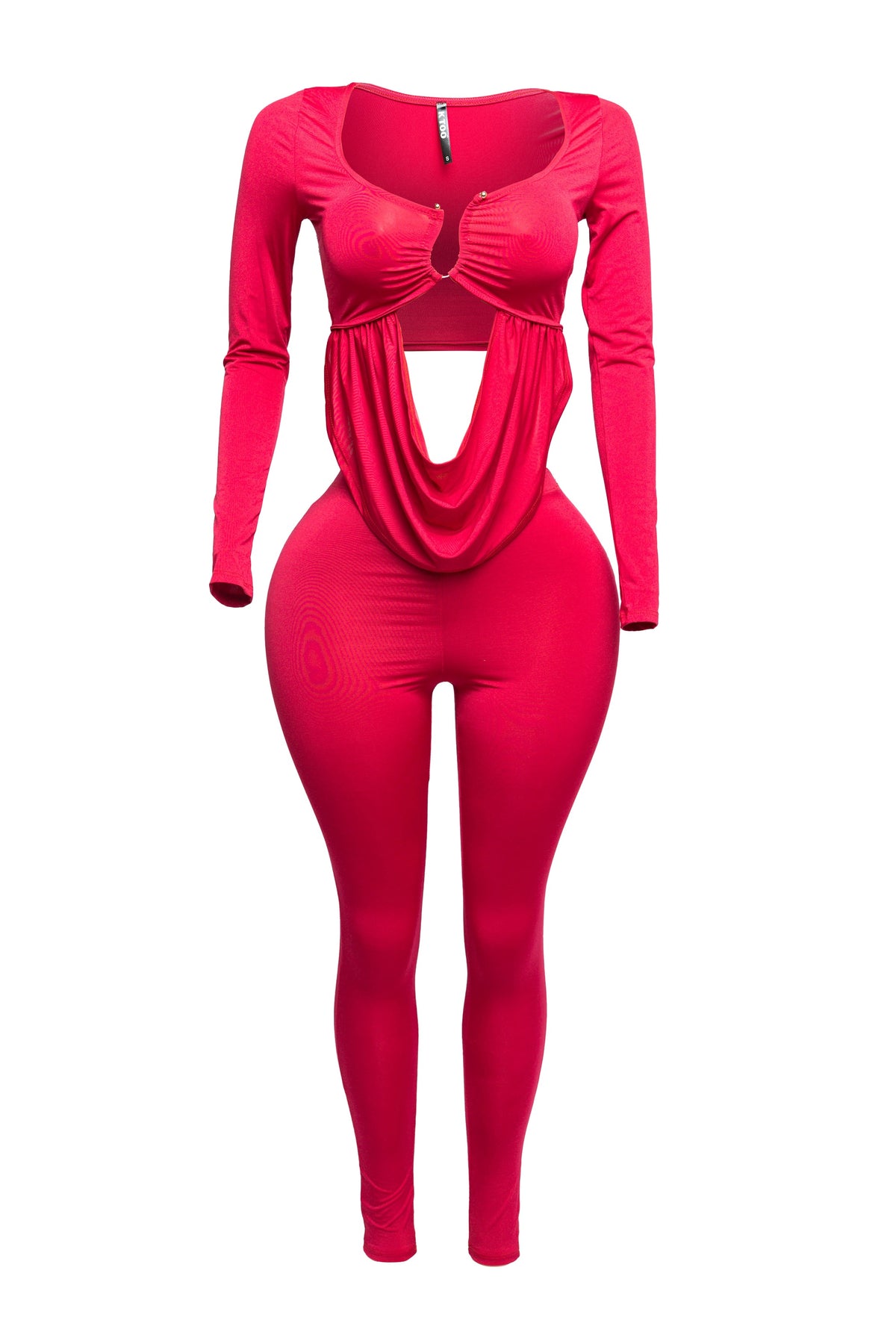 Curved U shape detailed draped front long sleeve top & leggings set