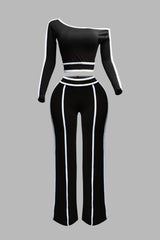 Color contrast detailed off shoulder long sleeve top with wide leg pants