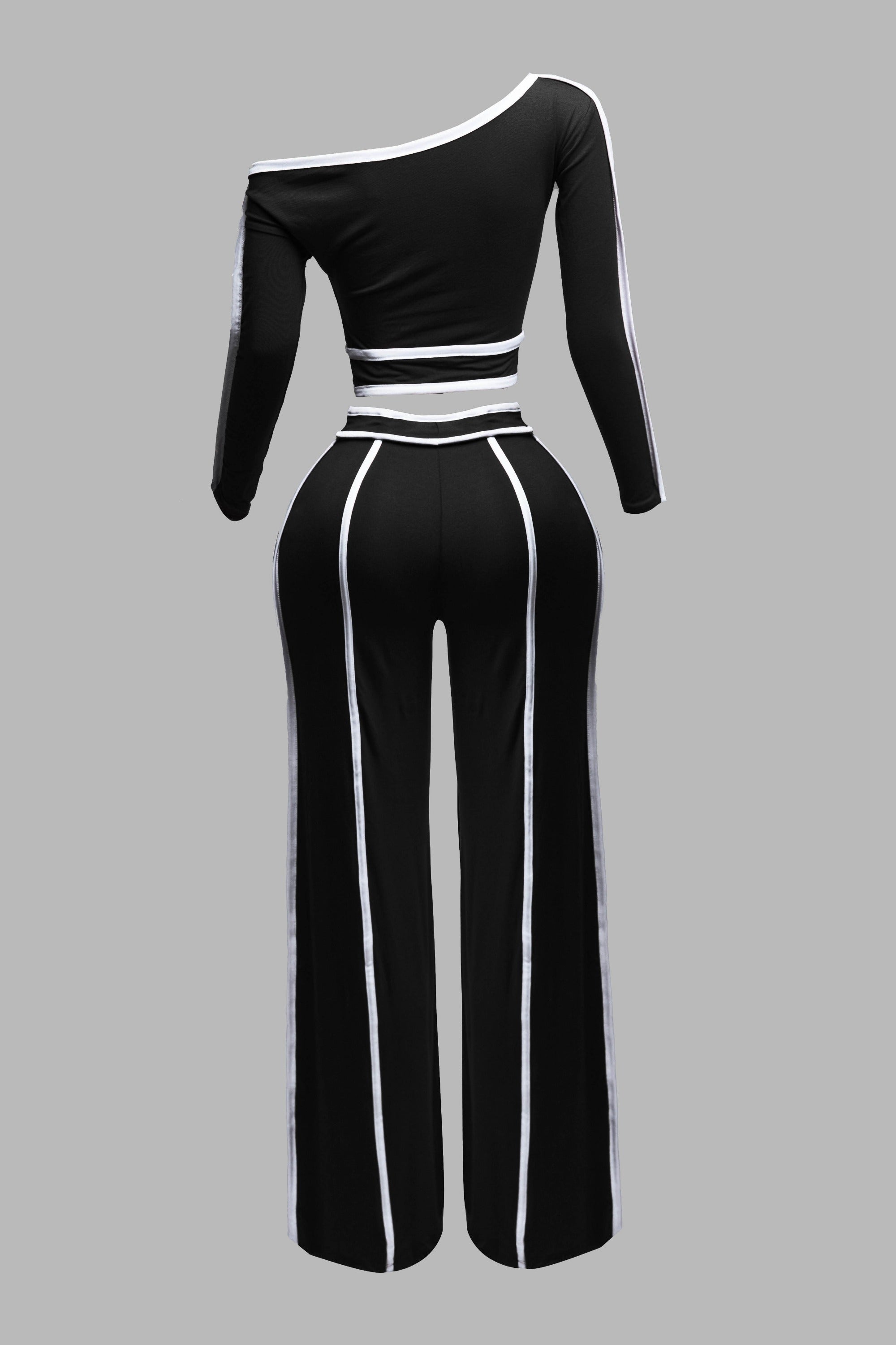 Color contrast detailed off shoulder long sleeve top with wide leg pants