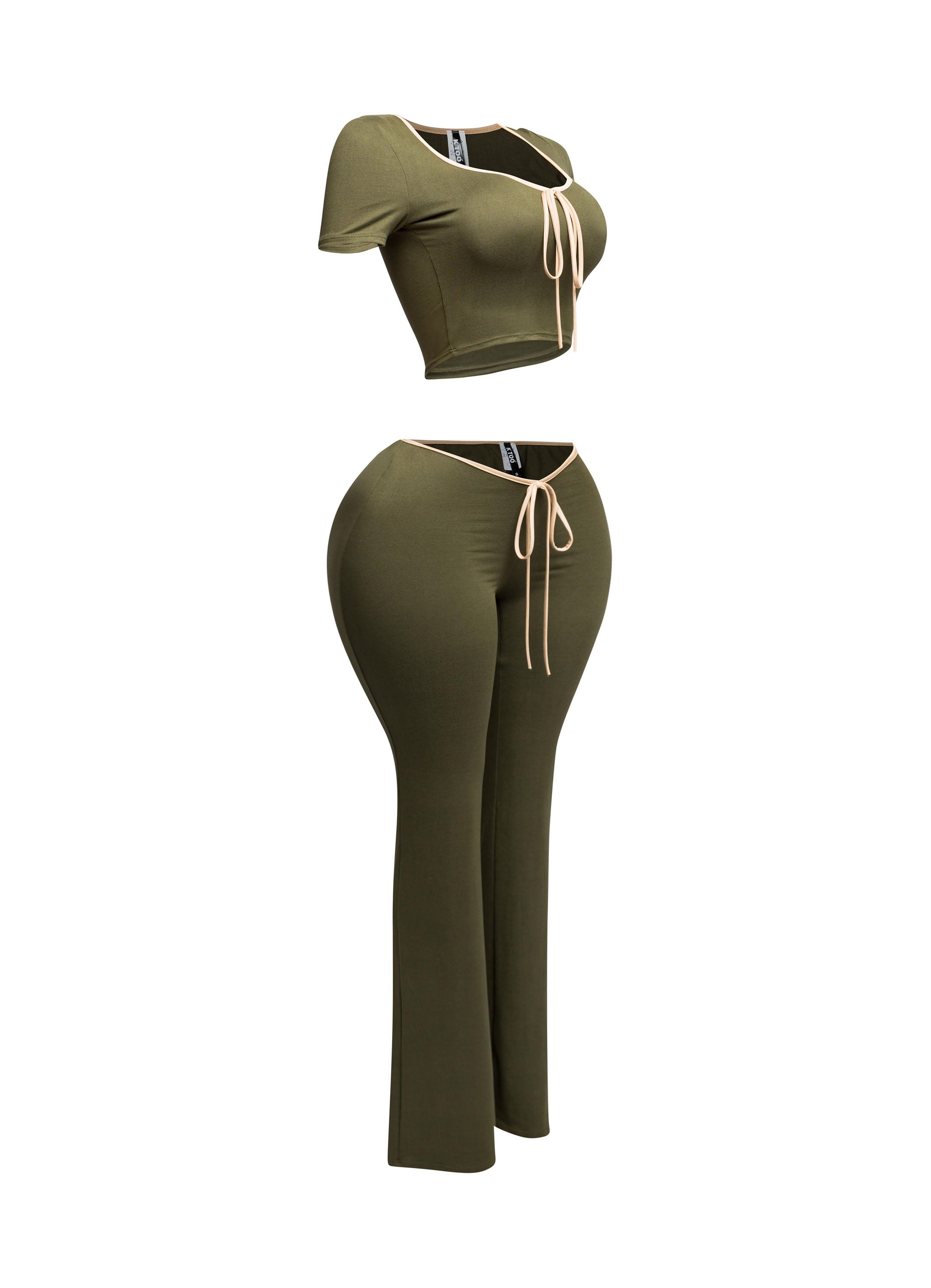 Side view of olive and nude trim two-piece set with a front tie crop top and flared high-waisted pants.