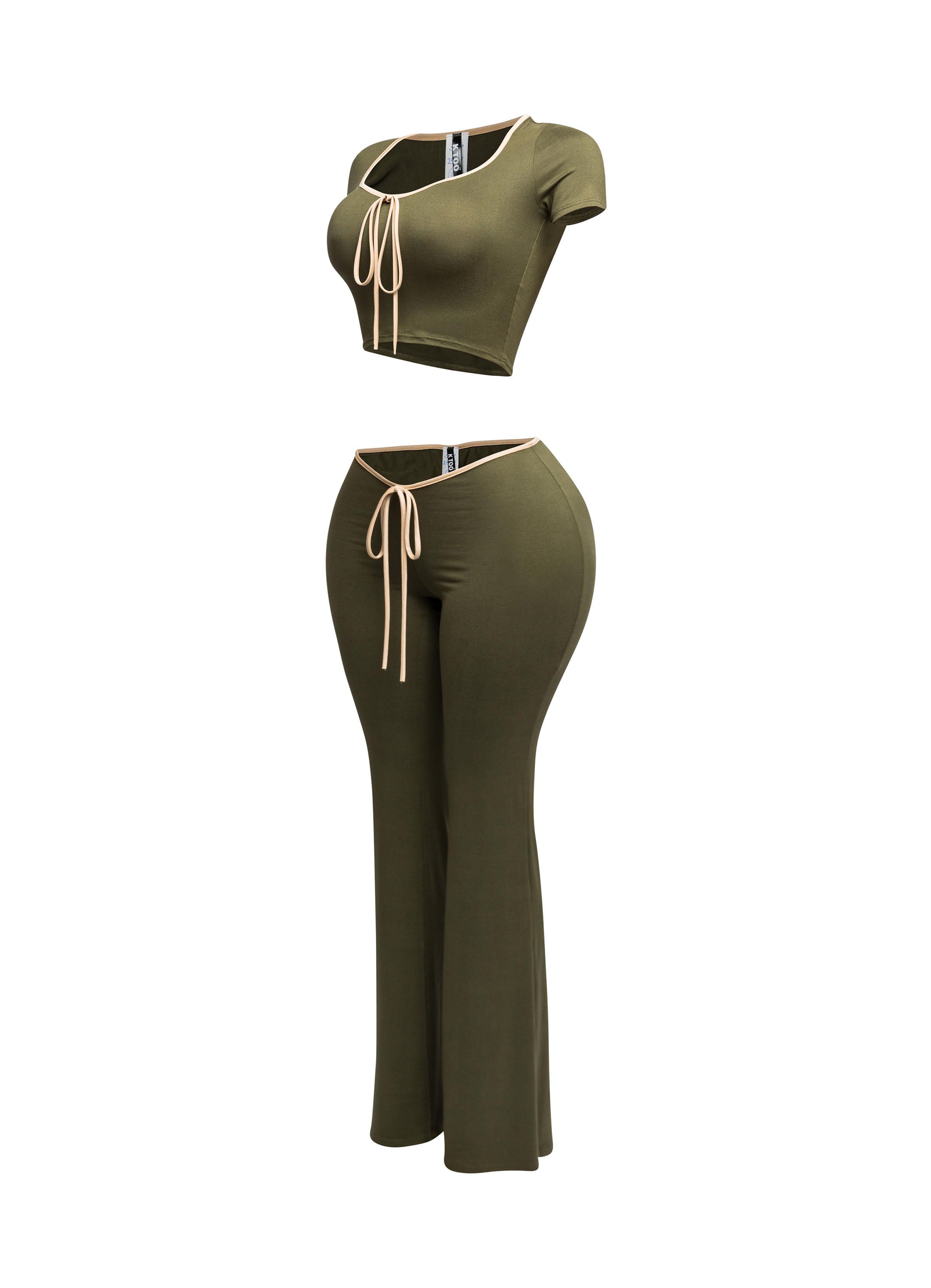 Side view of olive and nude trim two-piece set with a front tie crop top and flared high-waisted pants.