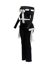 Off shoulder ribbon trim detailed top & pants set