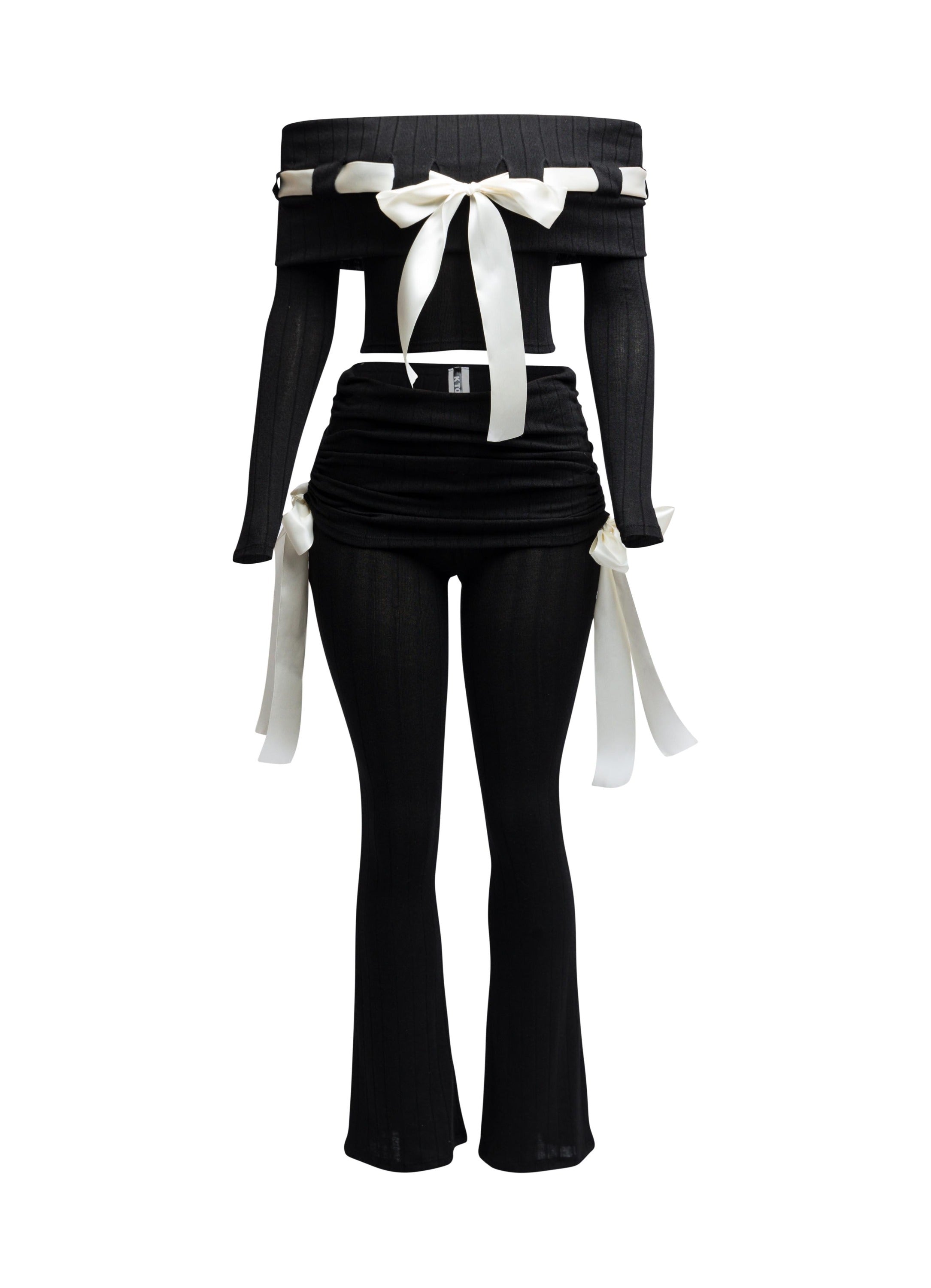 Off shoulder ribbon trim detailed top & pants set