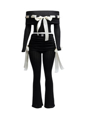 Off shoulder ribbon trim detailed top & pants set