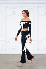 Off shoulder ribbon trim detailed top & pants set