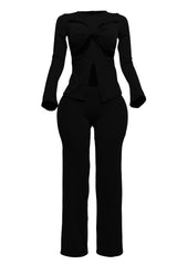 Rib fabric twisted front cut out detailed top & pants set