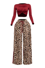 Long sleeve knoted mid top and leopard linen contrast wide leg pants set