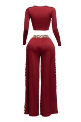 Long sleeve knoted mid top and leopard linen contrast wide leg pants set