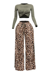 Long sleeve knoted mid top and leopard linen contrast wide leg pants set