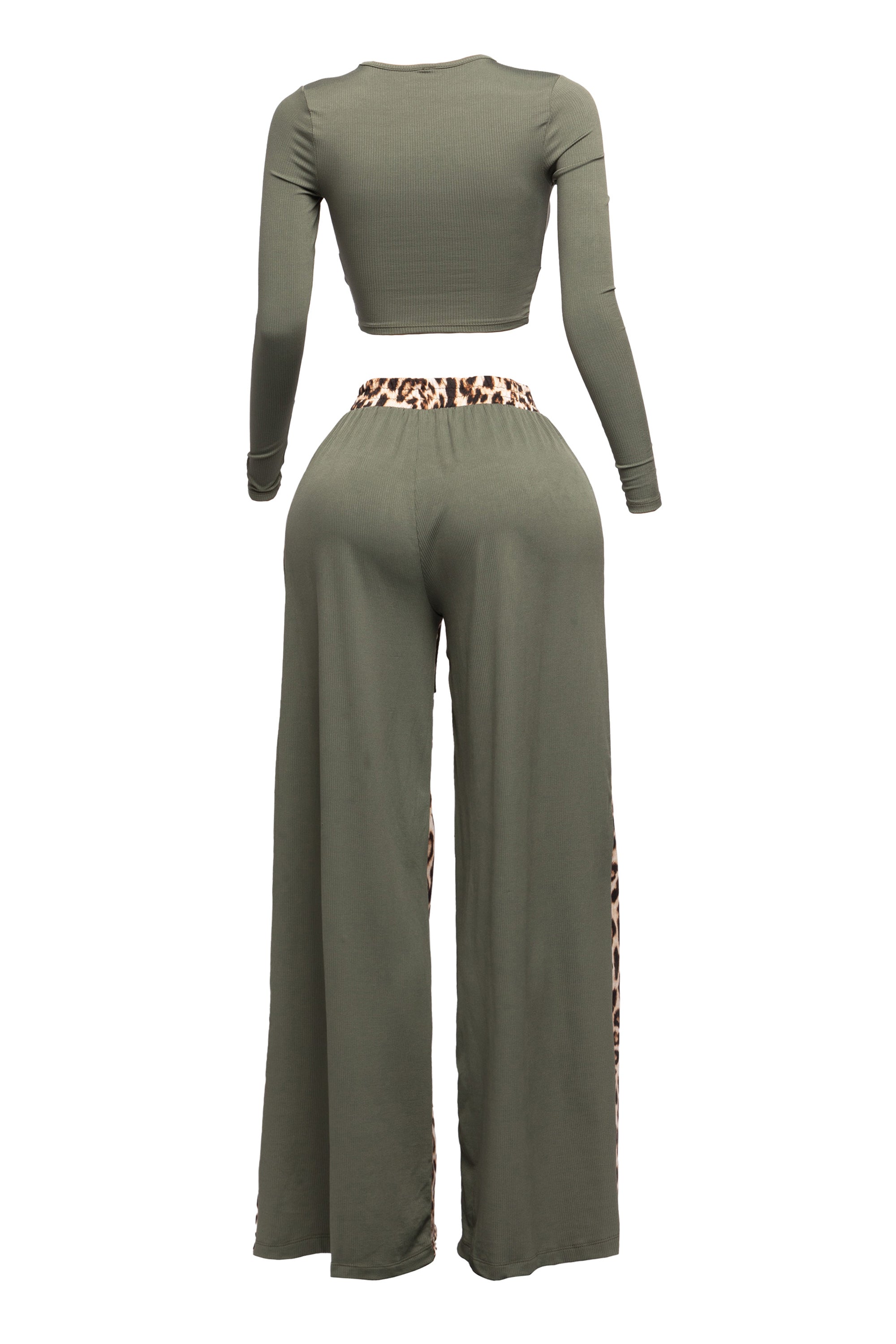 Long sleeve knoted mid top and leopard linen contrast wide leg pants set