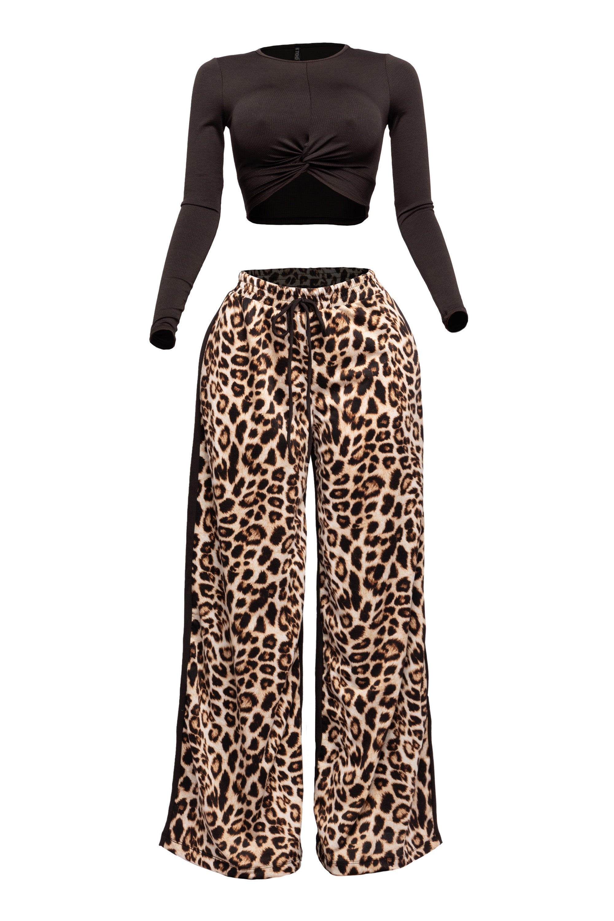 Long sleeve knoted mid top and leopard linen contrast wide leg pants set