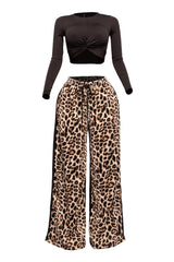 Long sleeve knoted mid top and leopard linen contrast wide leg pants set