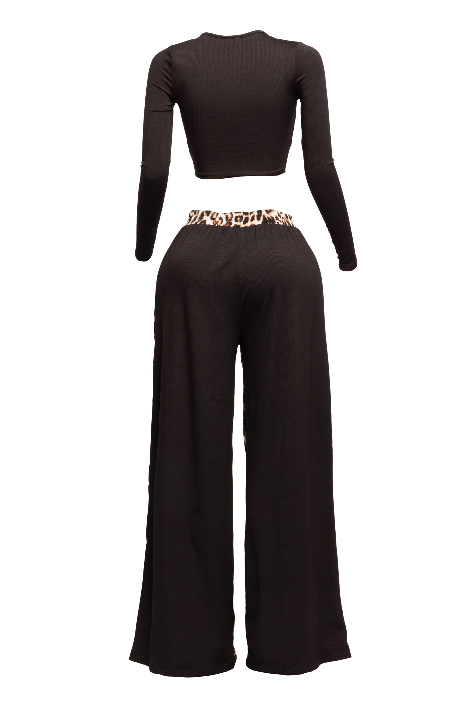 Long sleeve knoted mid top and leopard linen contrast wide leg pants set