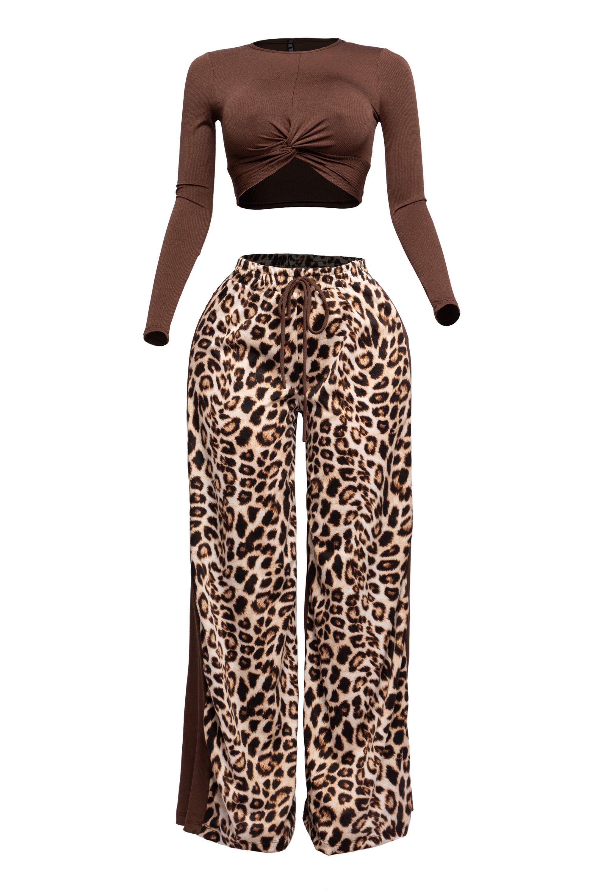 Long sleeve knoted mid top and leopard linen contrast wide leg pants set