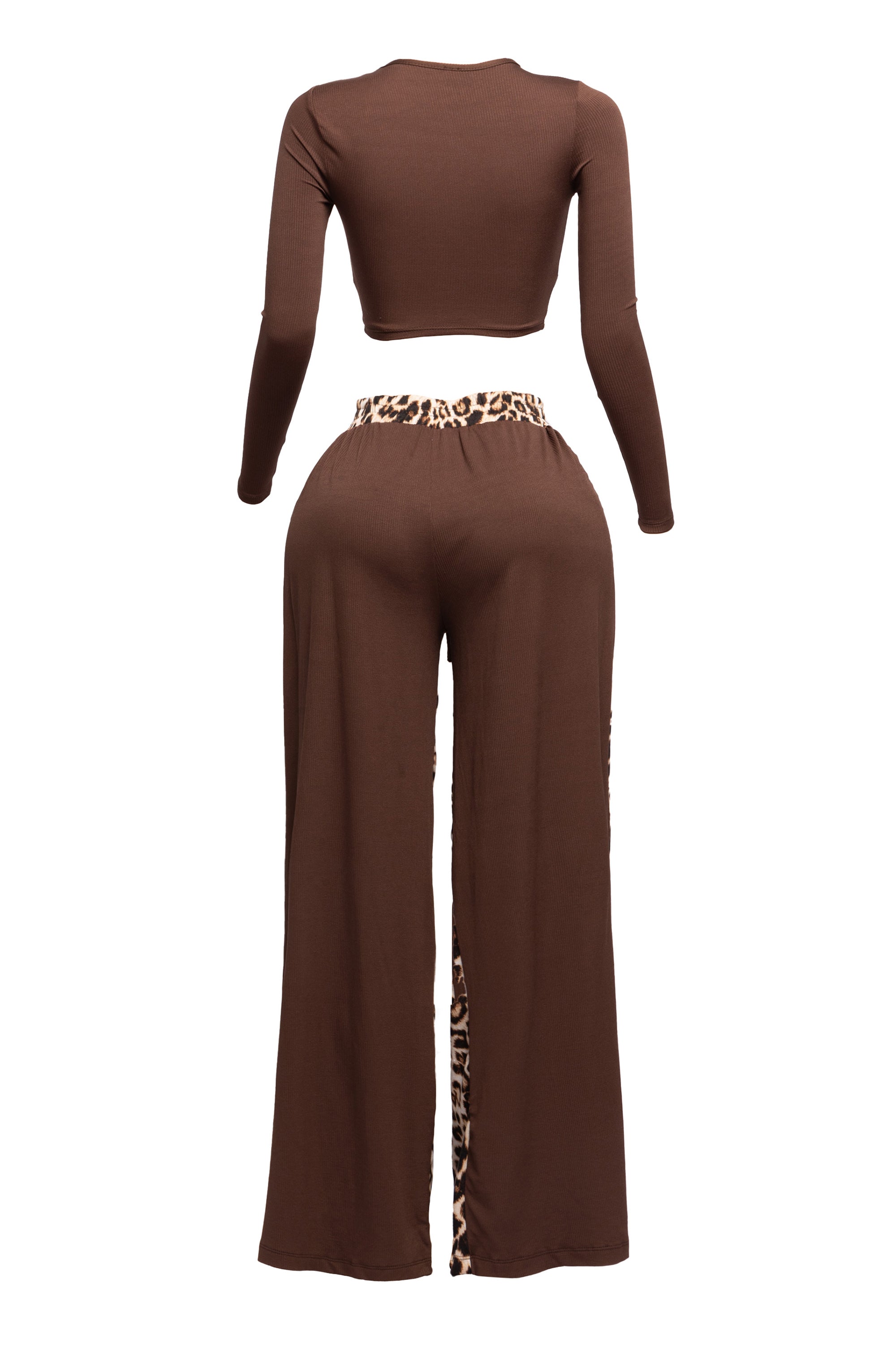 Long sleeve knoted mid top and leopard linen contrast wide leg pants set