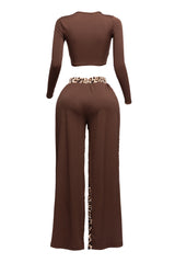 Long sleeve knoted mid top and leopard linen contrast wide leg pants set