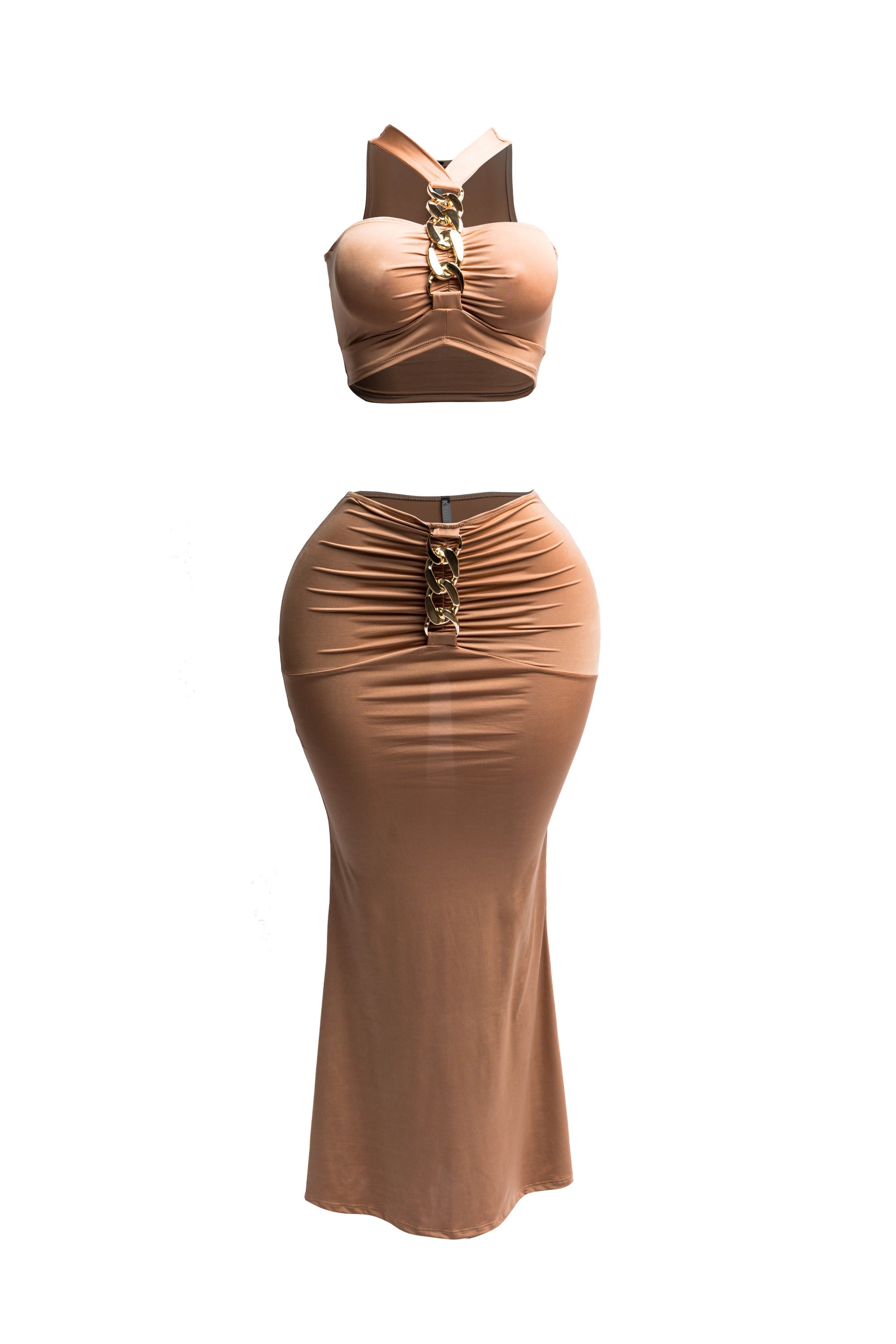 Gold chain trimmed crop top & long skirt set