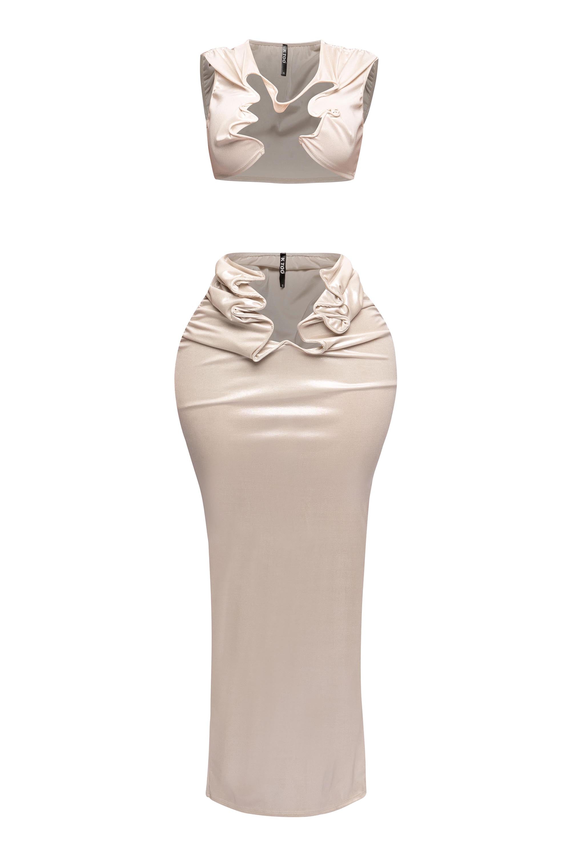 Full front image of the flex wire cutout tank top and sleek maxi skirt in metallic fabric.