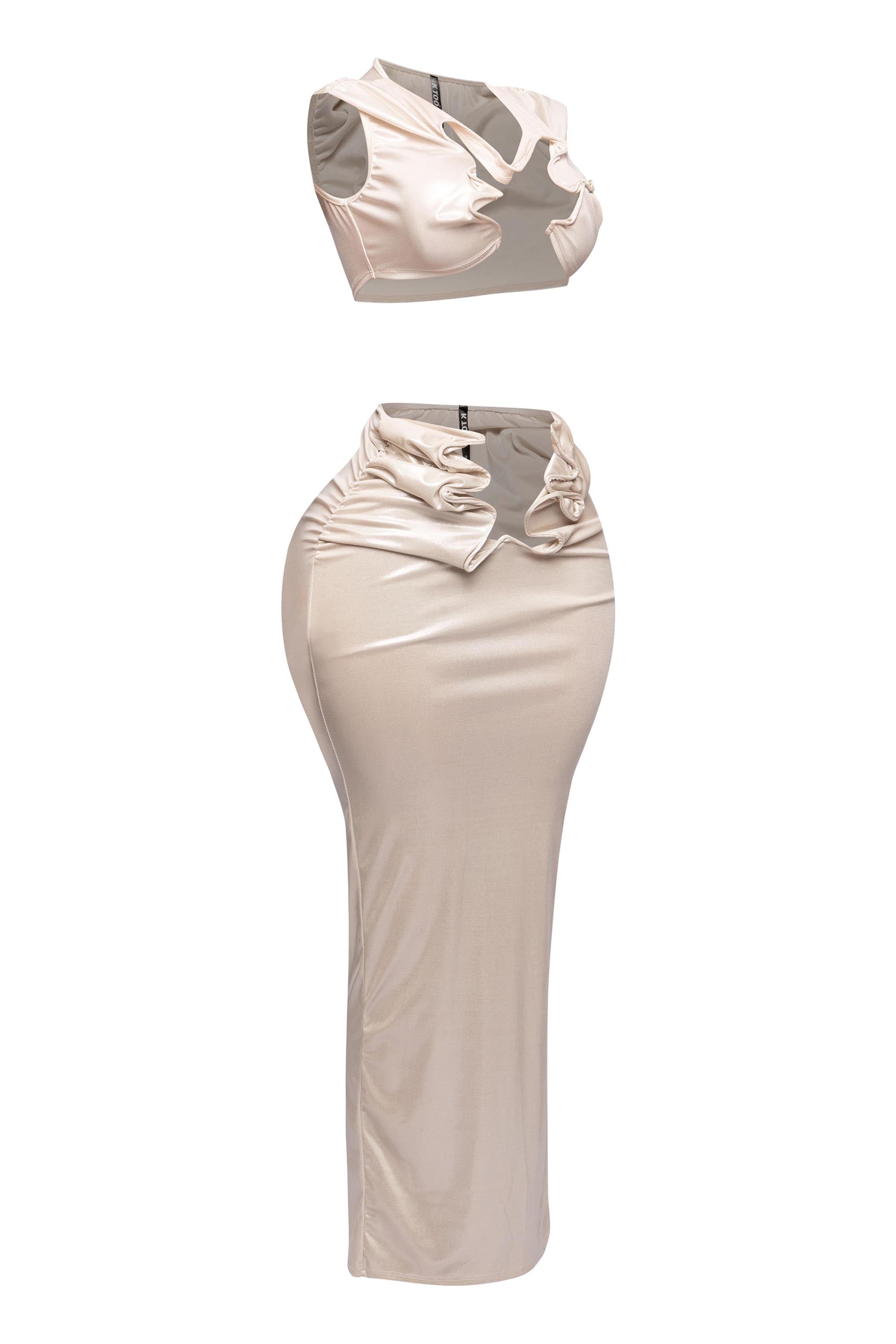 Side profile of the two-piece set, showcasing the cutout flex wire top and smooth skirt.