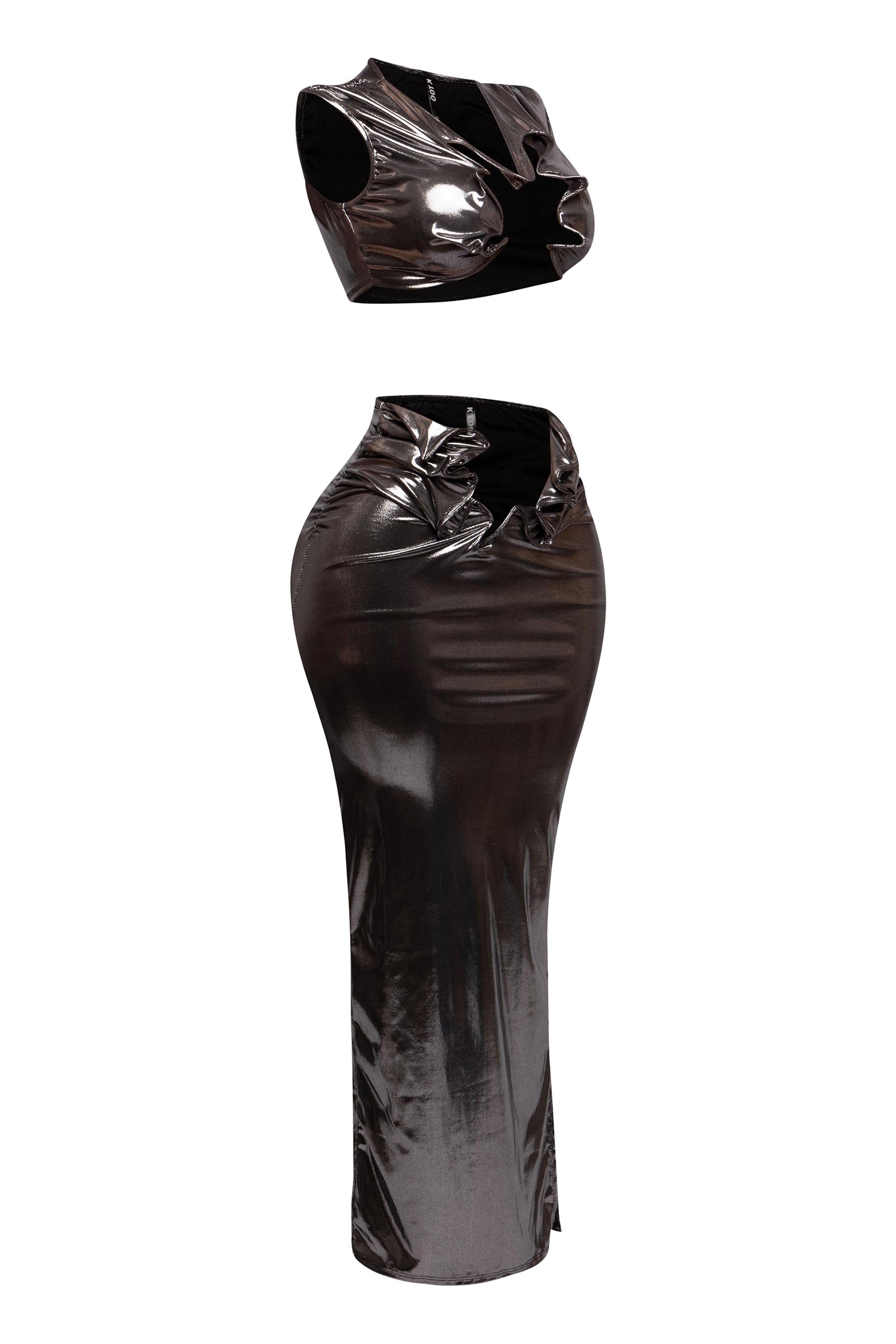 Right side view of the metallic tank top and maxi skirt set, showing the structured cutout design