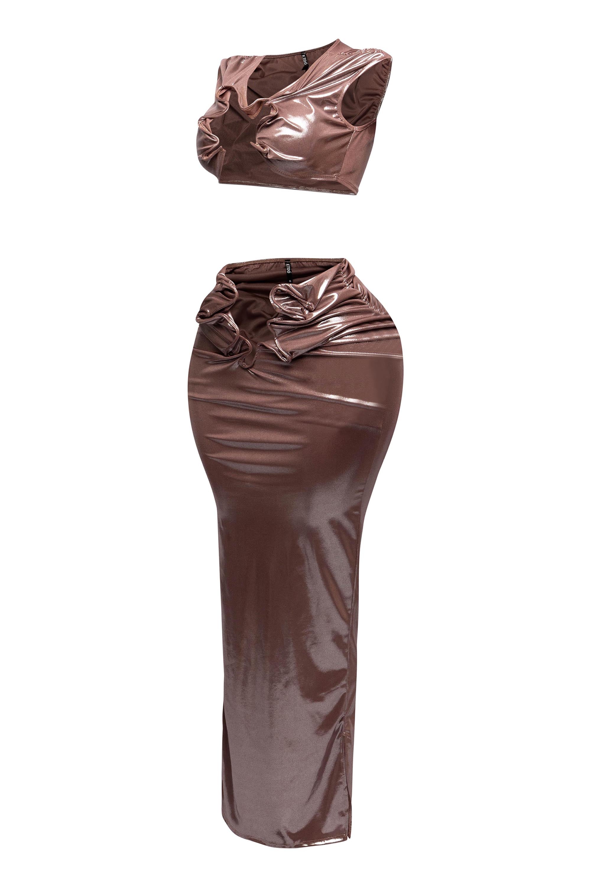 Left side view of the metallic foiled tank top and maxi skirt set with flex wire cutout details.