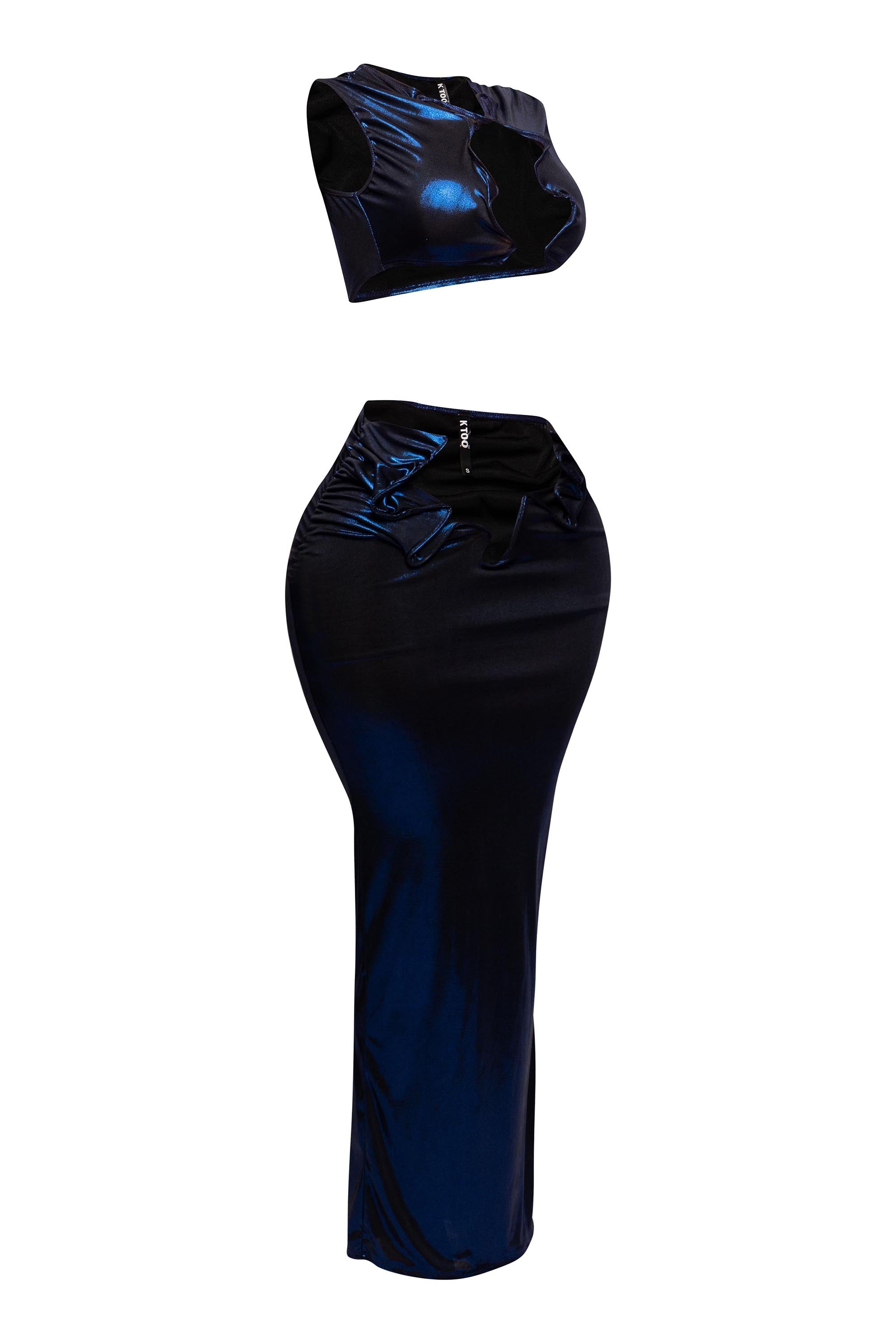 Left side view of the metallic foiled tank top and maxi skirt set with flex wire cutout details.