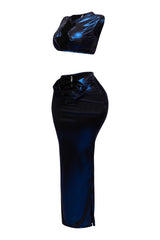 Left side image of the foiled tank top and high-waisted skirt with a sleek, modern look.