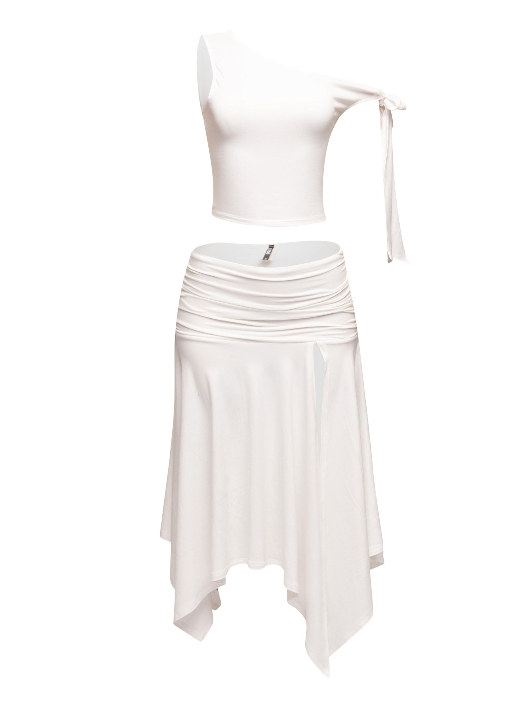 Chic off-shoulder asymmetrical top with tie detail paired with a high-slit skirt, perfect for a night out.