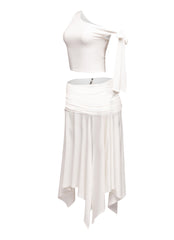 Fashionable off-shoulder asymmetrical top with tie detail, complemented by a high-slit skirt for a sophisticated ensemble.