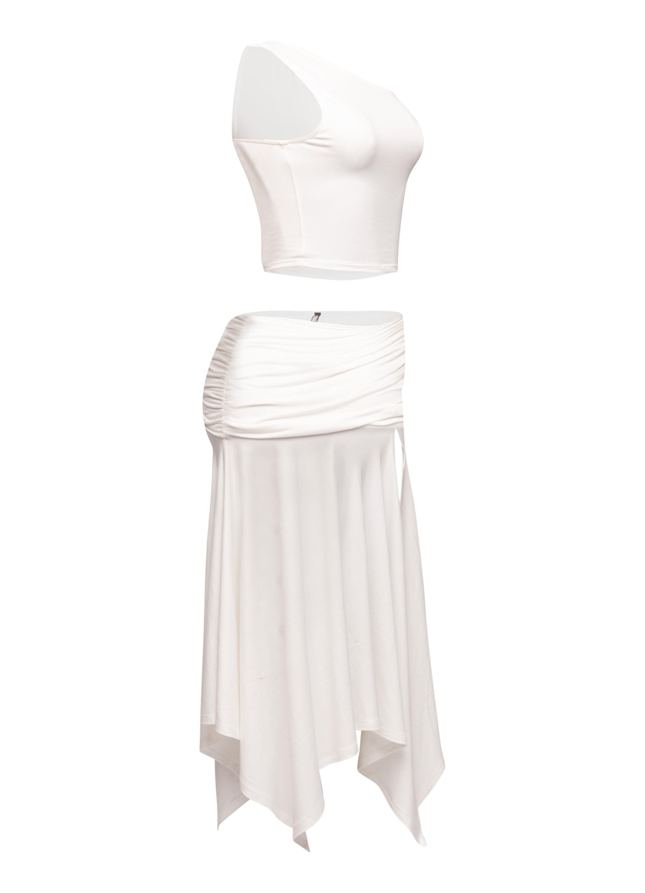 Stylish off-shoulder asymmetrical blouse featuring a tie detail, matched with a high-slit skirt for an elegant look.