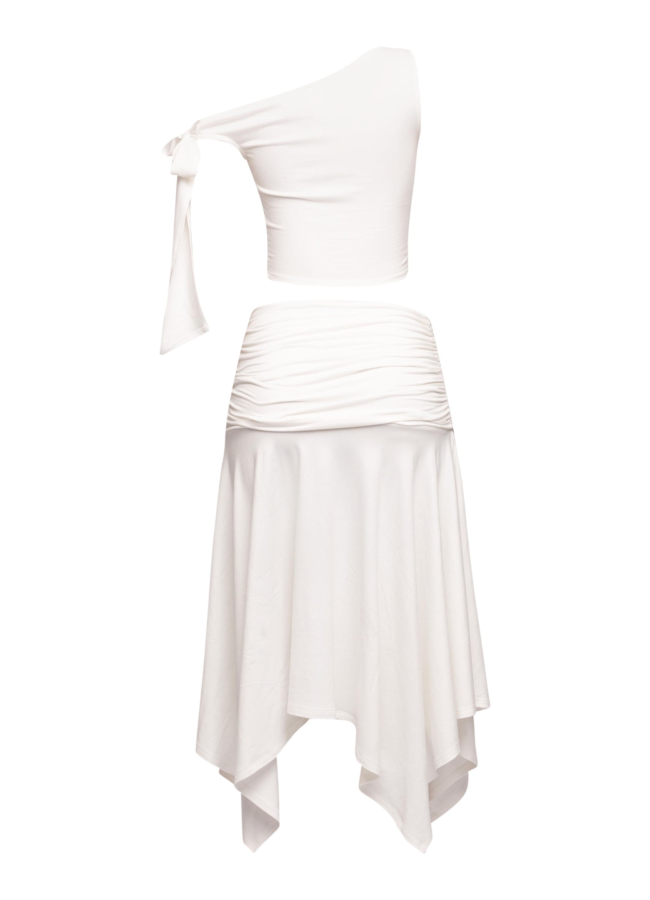 Trendy off-shoulder asymmetrical top with tie accent and coordinating high-slit skirt, ideal for fashion-forward occasions.