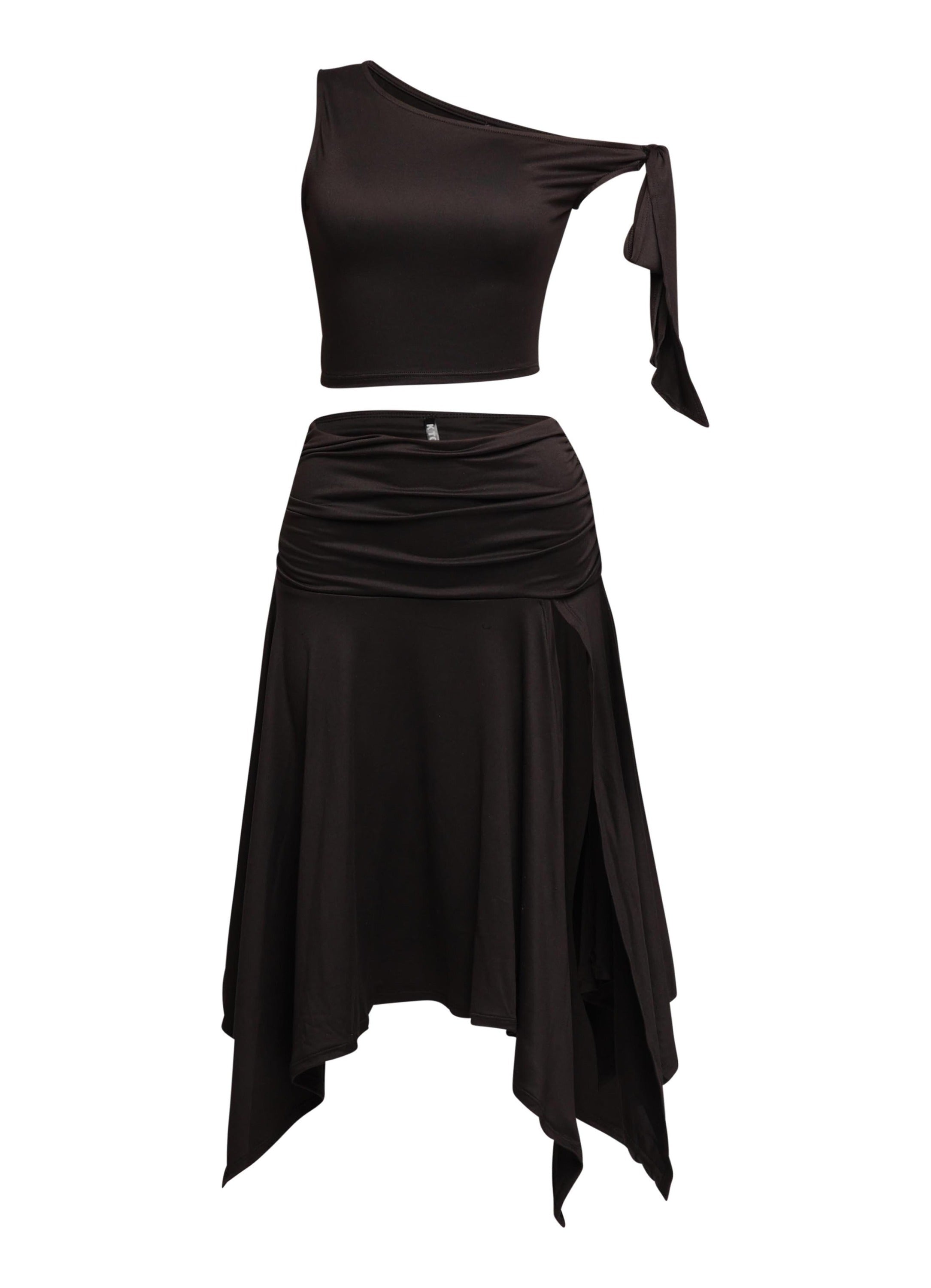 Sleek and sexy off-shoulder asymmetrical crop top with tie detail, styled with a flowing high-slit skirt for a bold statement.