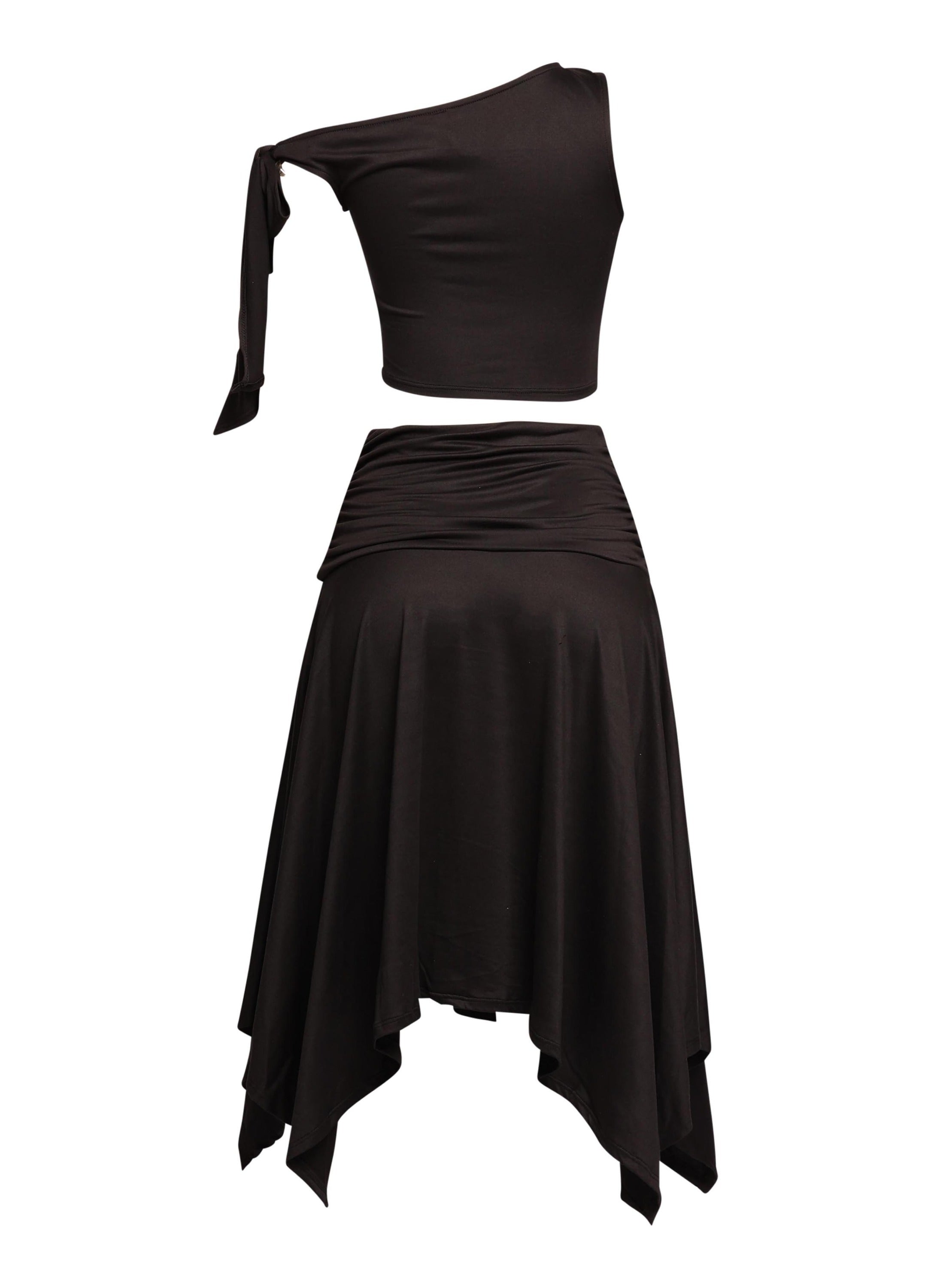 Modern and elegant two-piece set featuring an asymmetrical tie-detail top and a high-slit skirt, perfect for party looks.