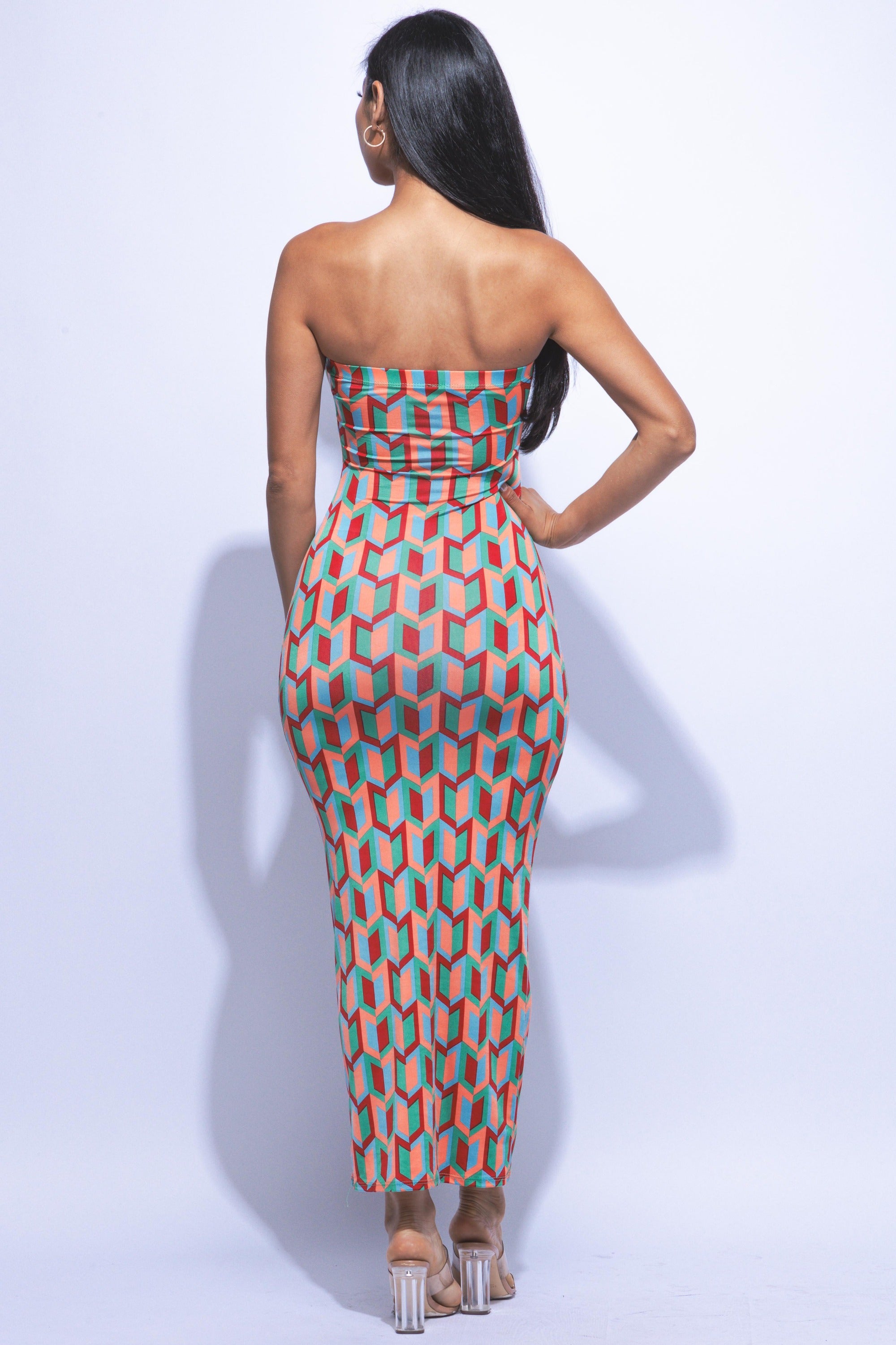 Multi colored geo print tube maxi dress